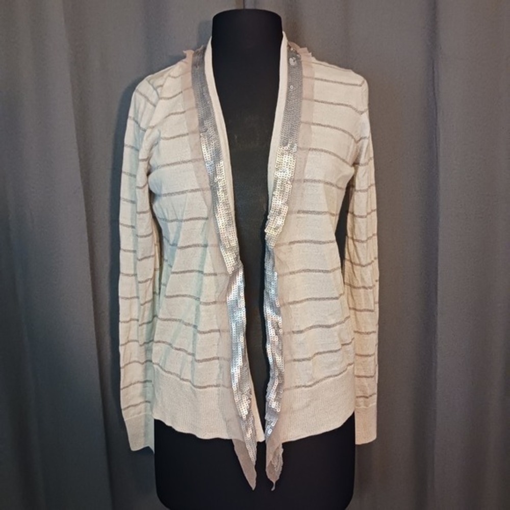 Ann Taylor Striped Cardigan Sequin Trim Open Front Lightweight Sweater‎